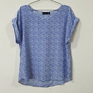 APT. 9 Womens Blouse L Blue White Stripe Tunic SS Relaxed Fit Hi-Low Silky Top